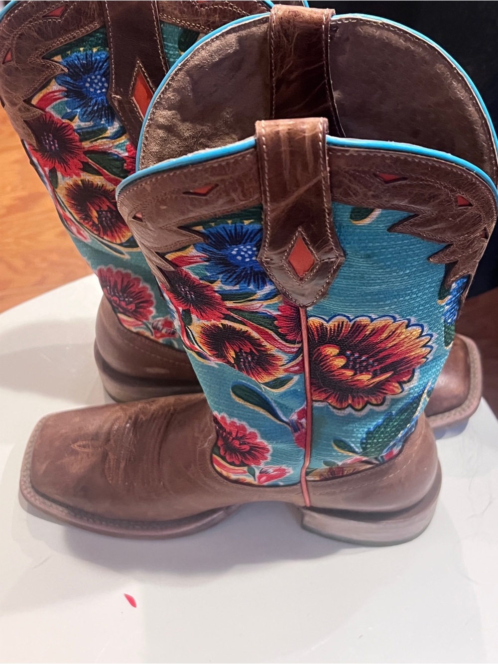 Ariat Brown Leather Cowboy Boots with Turquoise Floral Shaft